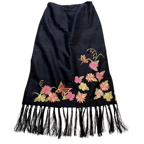 Maggie London Dresses & Skirts - Vintage Maggy L Black Silk Embroidered Fringe Skirt Y2K Romantic Fairygoth